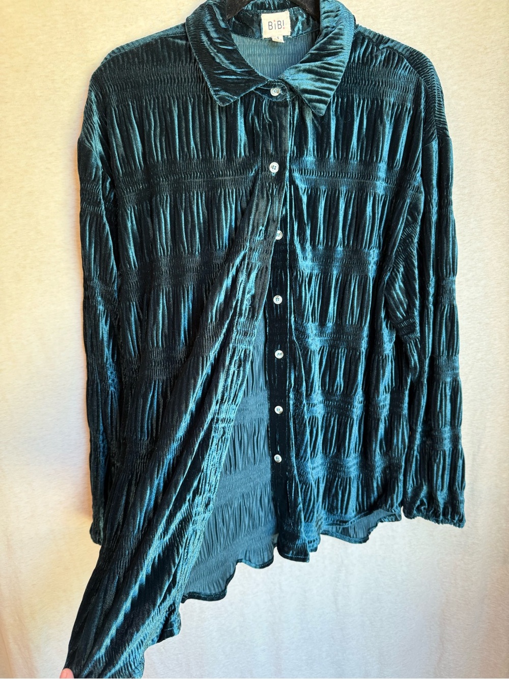 BiBi Teal Velvet Button-Up Blouse